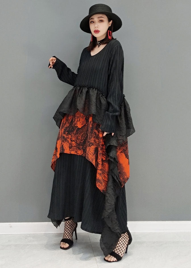 Art Black V Neck Asymmetrical Patchwork Ruffles Dresses Long Sleeve