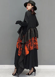 Art Black V-Ausschnitt Asymmetrische Patchwork-Rüschenkleider mit langen Ärmeln