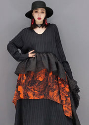 Art Black V Neck Asymmetrical Patchwork Ruffles Dresses Long Sleeve