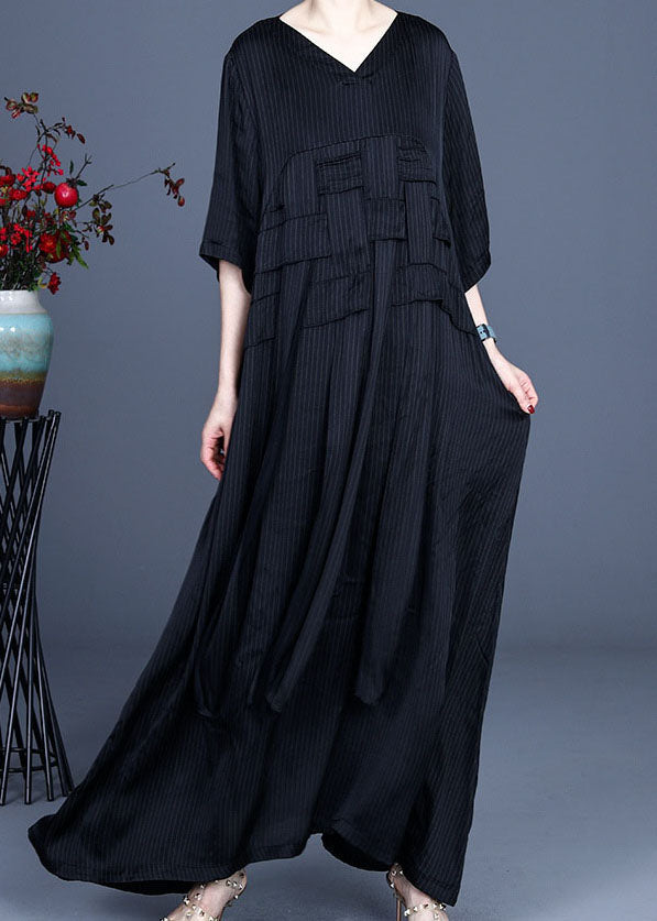 Art Black V Neck Patchwork Silk Dresses Half Sleeve