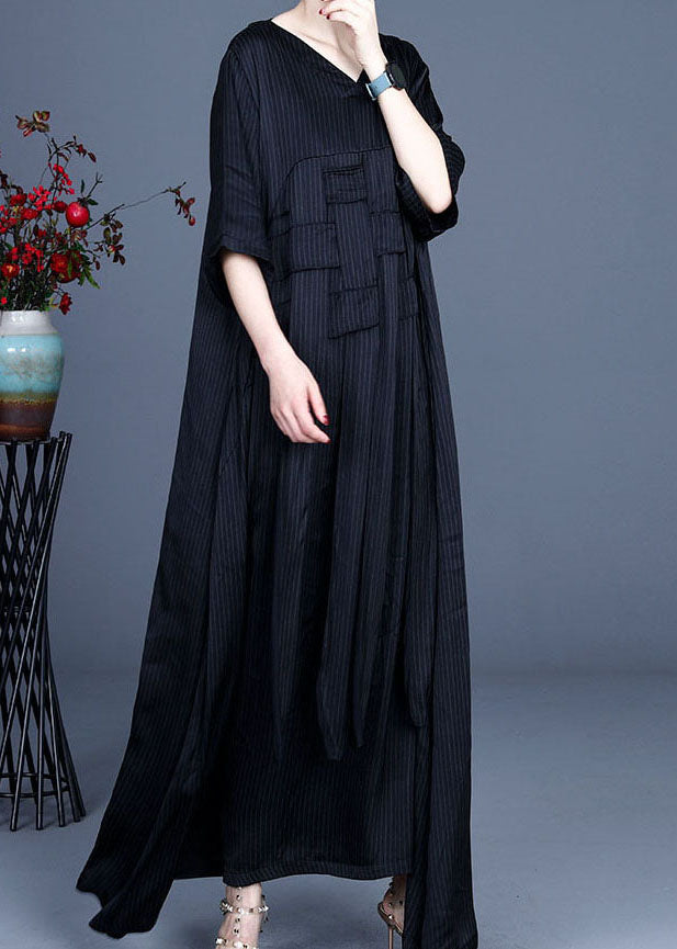 Art Black V Neck Patchwork Silk Dresses Half Sleeve