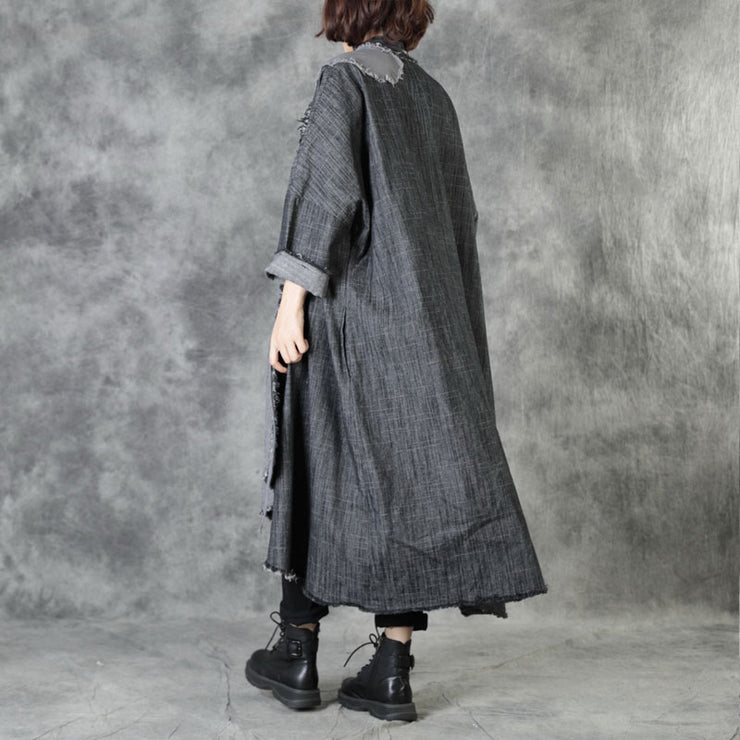 Art Black V Neck Pockets Patchwork Fall Asymmetrical Design Coats Long Sleeve