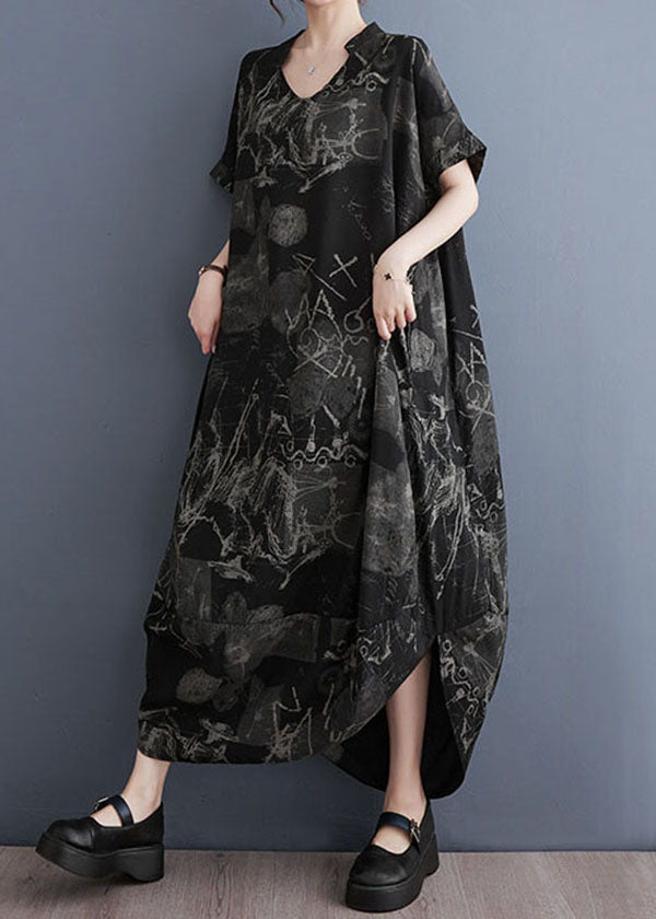 Art Black V Neck Print Patchwork Cotton Long Dress Summer