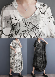 Art Black V Neck Print Patchwork Cotton Long Dress Summer