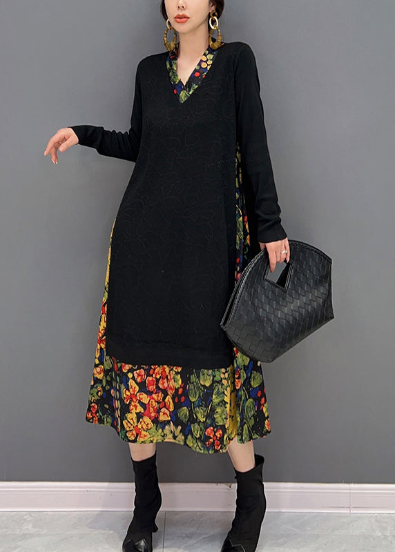 Art Black V Neck Print Patchwork Fake Two Pieces Knit Dresses Fall