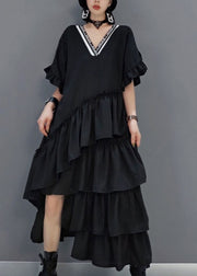 Art Black V Neck Ruffled Asymmetrical long Dress Spring