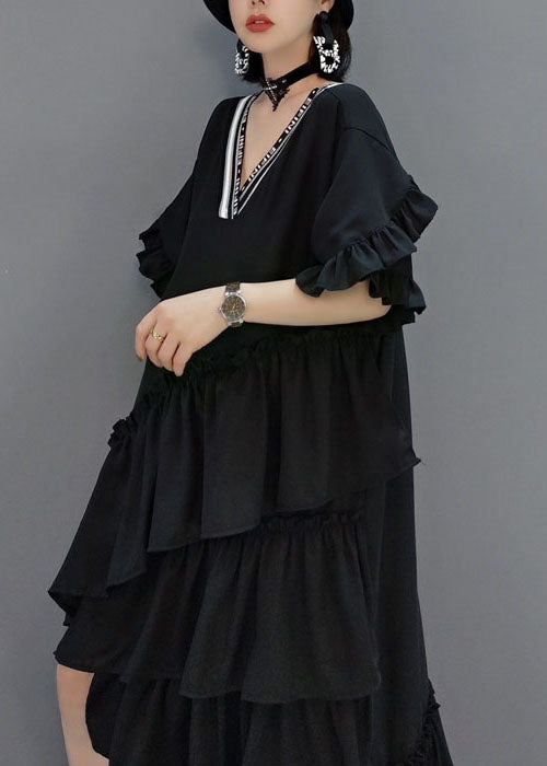 Art Black V Neck Ruffled Asymmetrical long Dress Spring