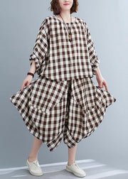 Art Black White Plaid Batwing Sleeve Two Piece Set Women Clothing Summer Cotton Linen - SooLinen