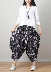 Art Black White Print Wide Leg Cotton Linen Pants Summer - SooLinen