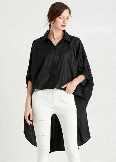 Art Black Wrinkled Button Summer Cotton Shirt Half Sleeve Top - SooLinen