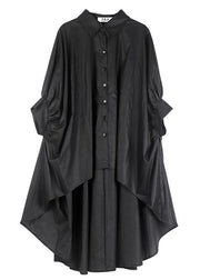Art Black Wrinkled Button Summer Cotton Shirt Half Sleeve Top - SooLinen