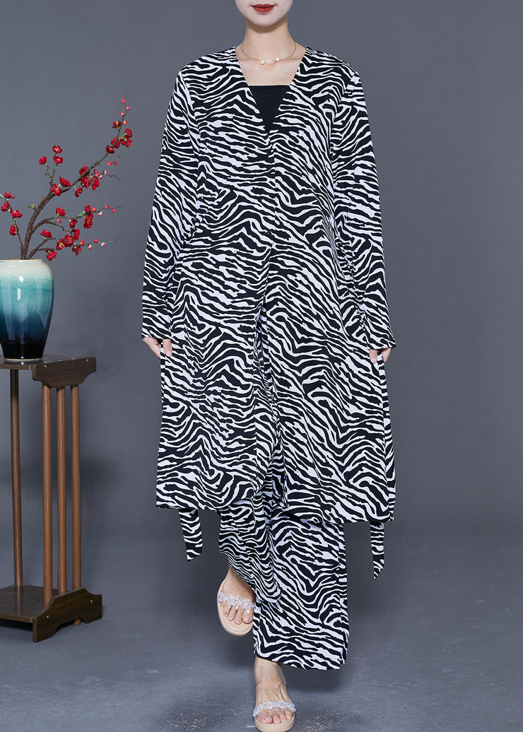 Art Black Zebra Pattern Tie Waist Chiffon Two Piece Set Women Clothing Summer
