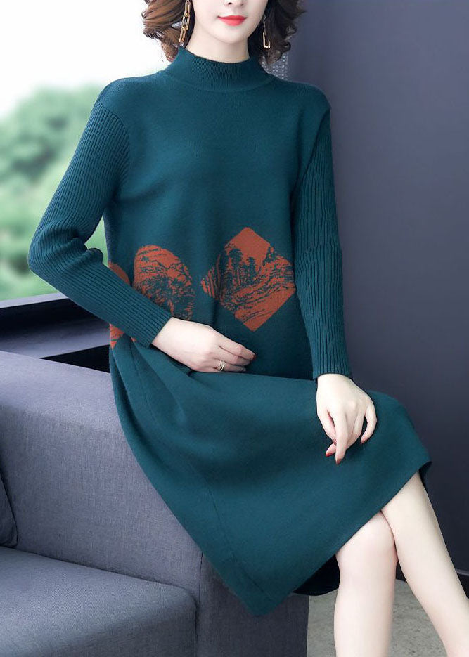 Art Blackish Green High Neck Print Cashmere Knitted Dress Long Sleeve