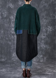Art Blackish Green Rivet Patchwork Corduroy Fine Cotton Filled Coat Winter