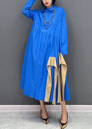 Art Blue Asymmetrical Design Patchwork Cotton Maxi Dresses Fall