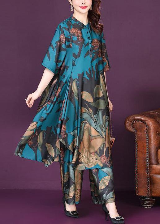 Art Blue Asymmetrical Exra Large Hem Print Silk Two Piece Suit Set Summer