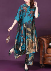 Art Blue Asymmetrical Exra Large Hem Print Silk Two Piece Suit Set Summer