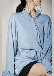Art Blue Asymmetrical design Backless Long sleeve Summer Shirt - SooLinen