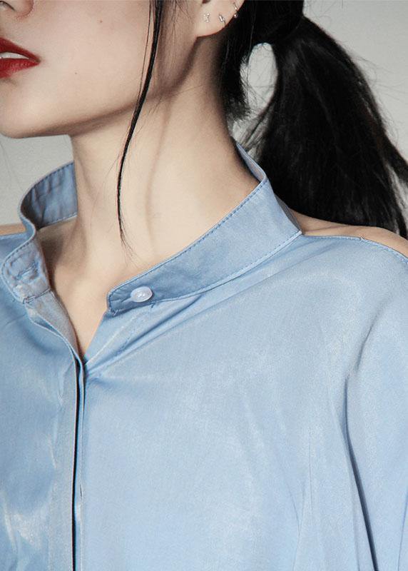 Art Blue Asymmetrical design Backless Long sleeve Summer Shirt - SooLinen