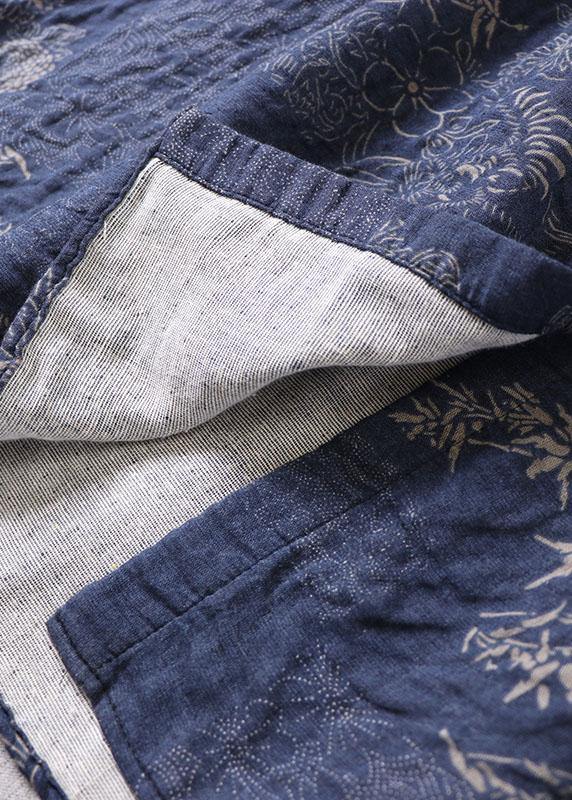 Art Blue Button Patchwork Pockets Fall Print Long sleeve Dress - SooLinen