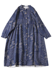 Art Blue Button Patchwork Pockets Fall Print Long sleeve Dress - SooLinen