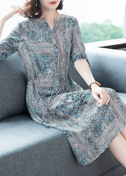 Art Blue Cinched Print Silk Shirt Dresses Summer