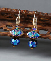 Art Blue Copper Cloisonne Coloured Glaze Fan Drop Earrings