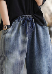 Art Blue Elastic Waist Pockets Patchwork Striped Cotton Denim Harem Pants Fall