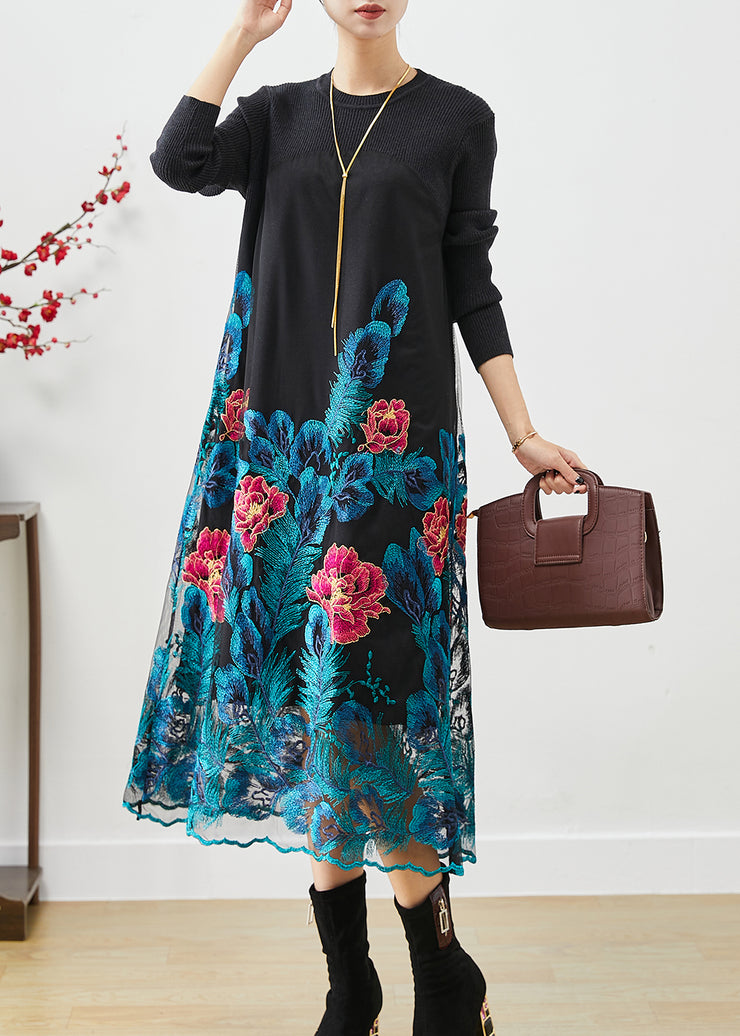 Art Blue Embroidered Floral Knit Long Dress Fall