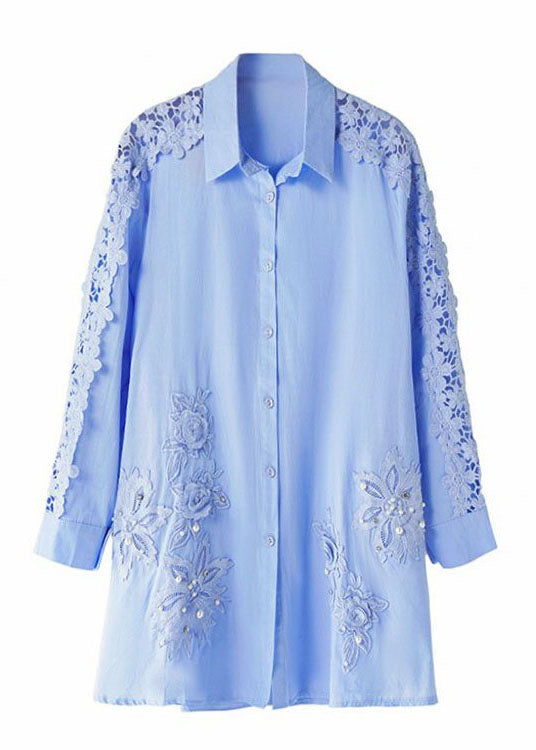 Art Blue Embroidered Nail Bead Patchwork Cotton Shirts Fall