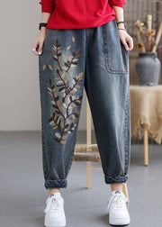 Art Blue Embroidered Pockets Elastic Waist Cotton Denim Harem Pants Fall