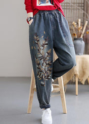 Art Blue Embroidered Pockets Elastic Waist Cotton Denim Harem Pants Fall