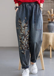 Art Blue Bestickte Taschen Elastische Taille Baumwoll-Denim-Haremshose Herbst
