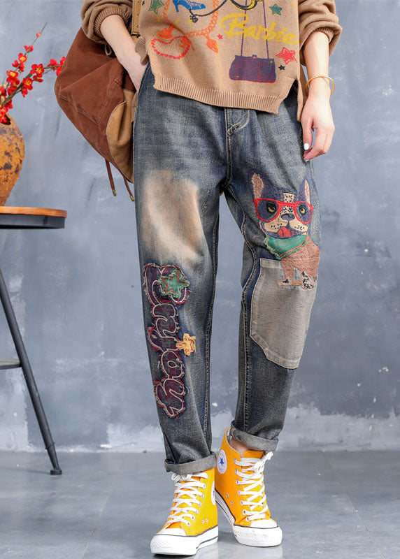 Art Blue Embroidered Pockets denim Pants Spring