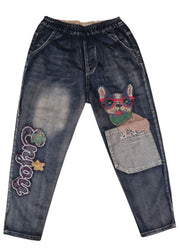 Art Blue Embroidered Pockets denim Pants Spring