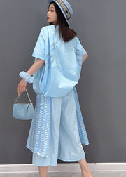 Art Blue O-Neck Patchwork zerknitterte Oberteile und Hosen mit weitem Bein 2-teiliges Outfit Sommer