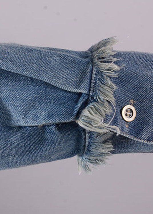 Art Blue O-Neck Pockets Button Denim Fall Long sleeve Dress
