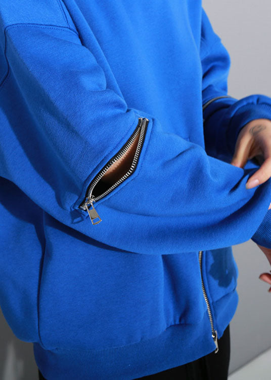 Art Blue O-Ausschnitt mit Reißverschluss Loose Fall Pullover Street Wear