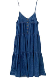 Art Blue Patchwork Wrinkled Denim Spaghetti Strap Dress Summer