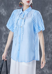 Art Blue Peter Pan Collar Tassel Silk Blouse Tops Lantern Sleeve