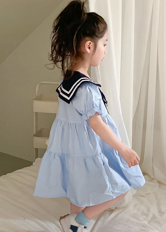Art Blue Peter Pan Collar Wrinkled Patchwork Cotton Kids Girls Dress Summer