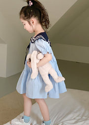 Art Blue Peter Pan Collar Wrinkled Patchwork Cotton Kids Girls Dress Summer