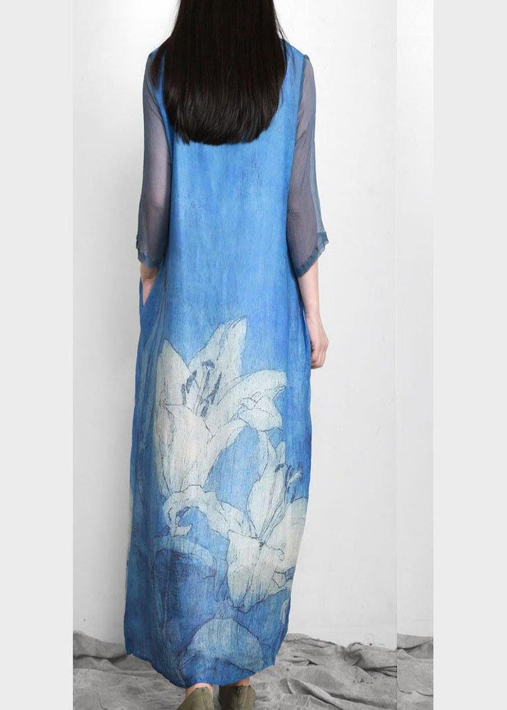 Art Blue Print Linen Tunic Patchwork Dress - SooLinen