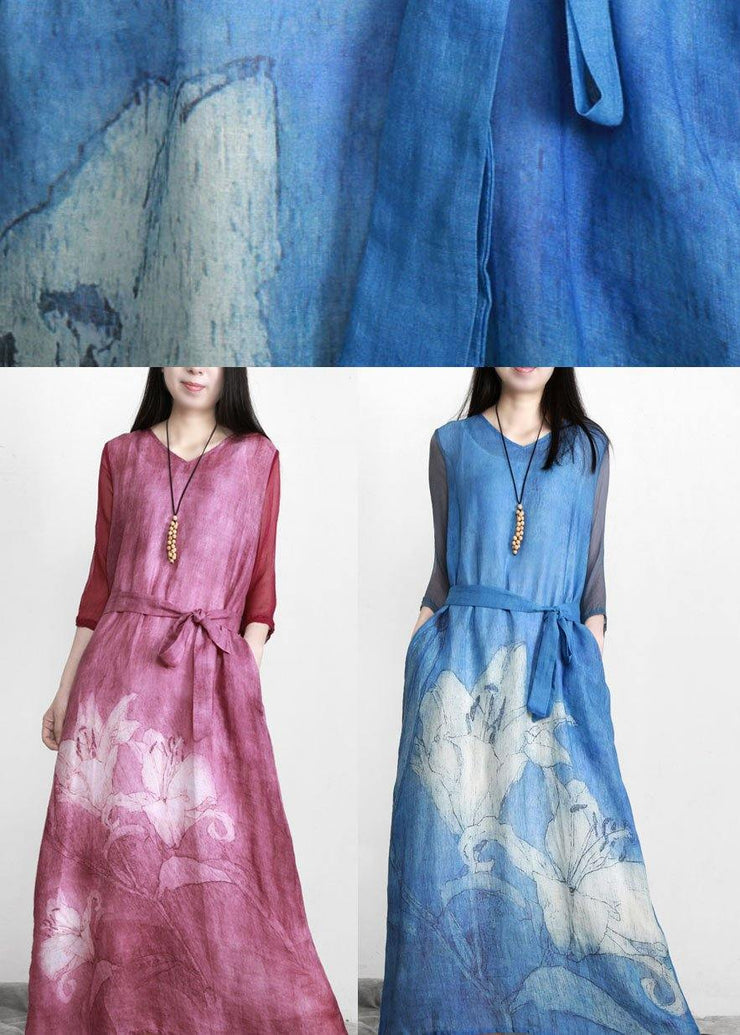 Art Blue Print Linen Tunic Patchwork Dress - SooLinen
