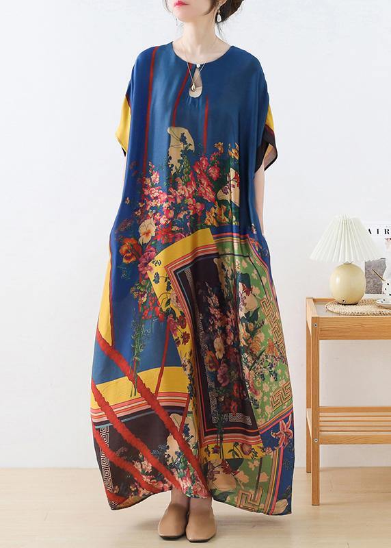 Art Blue Print Loose Asymmetrical Design Vacation Summer Chiffon Dress - SooLinen