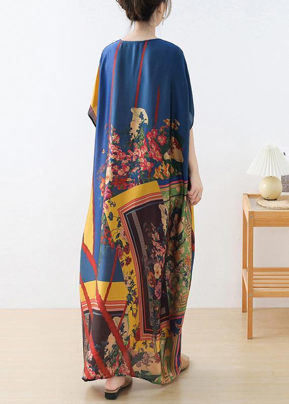 Art Blue Print Loose Asymmetrical Design Vacation Summer Chiffon Dress - SooLinen