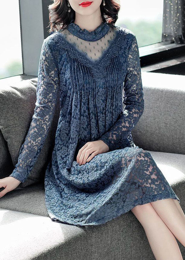Art Blue Ruffled Patchwork Hollow Out Lace Vacation Dresses Spring
