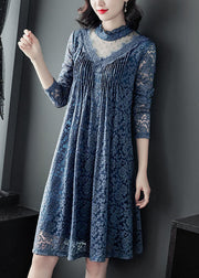 Art Blue Ruffled Patchwork Hollow Out Lace Vacation Dresses Spring