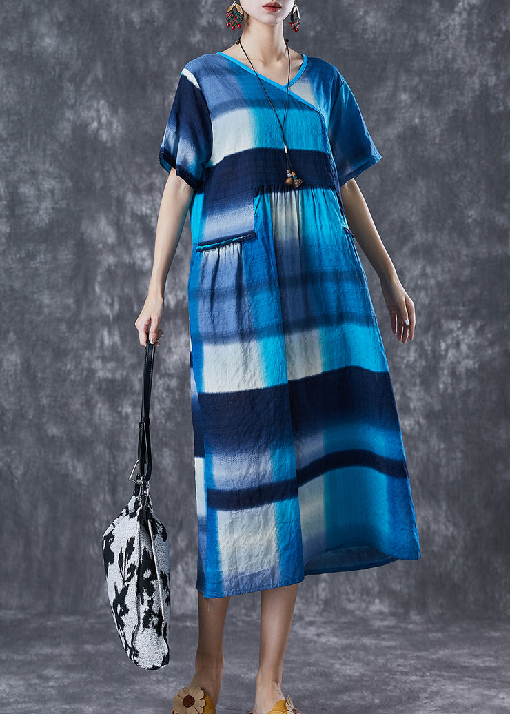 Art Blue Ruffled Patchwork Plaid Cotton Long Dress Summer