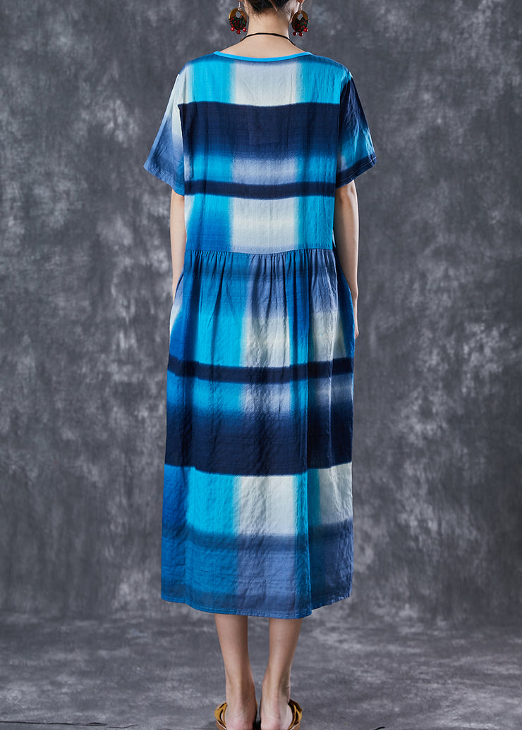 Art Blue Ruffled Patchwork Plaid Cotton Long Dress Summer